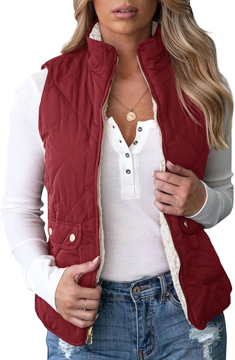 Reversible Quilted Sherpa Fleece Vest for Women - Lightweight Style