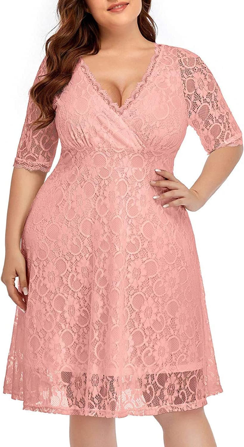 Plus Size Wedding Guest Cocktail Dress with Lace Wrap V Neck