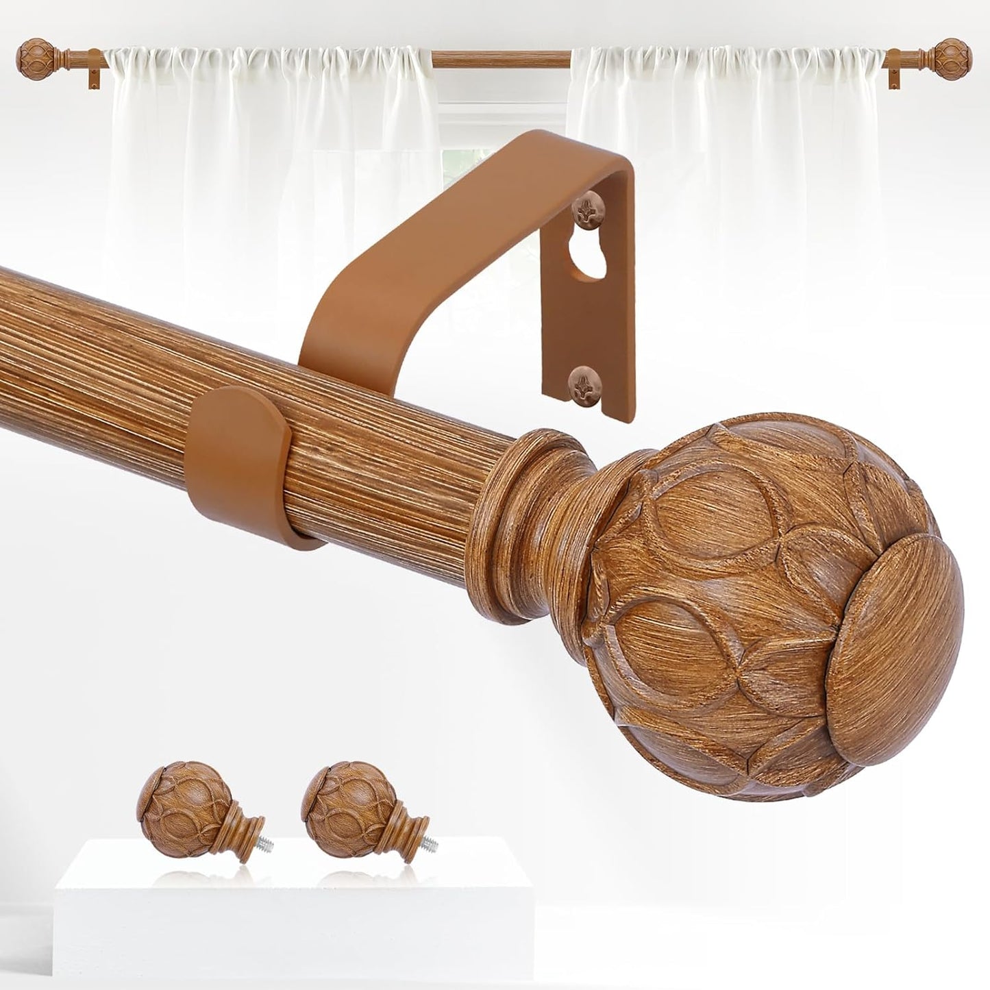 Adjustable Heavy Duty Wood Curtain Rods, 48-84, Brown Wood, TANGWIN