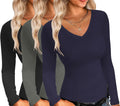 Ekouaer Womens 3 Pack V Neck Long Sleeve Slim Fit Tops - Lightweight