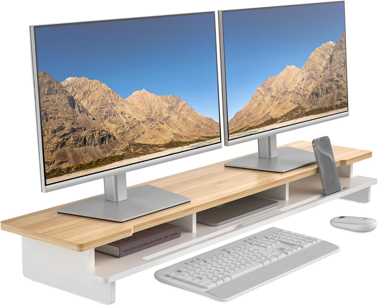 Dual Monitor Stand Riser for Desk with Phone Tablet Holder