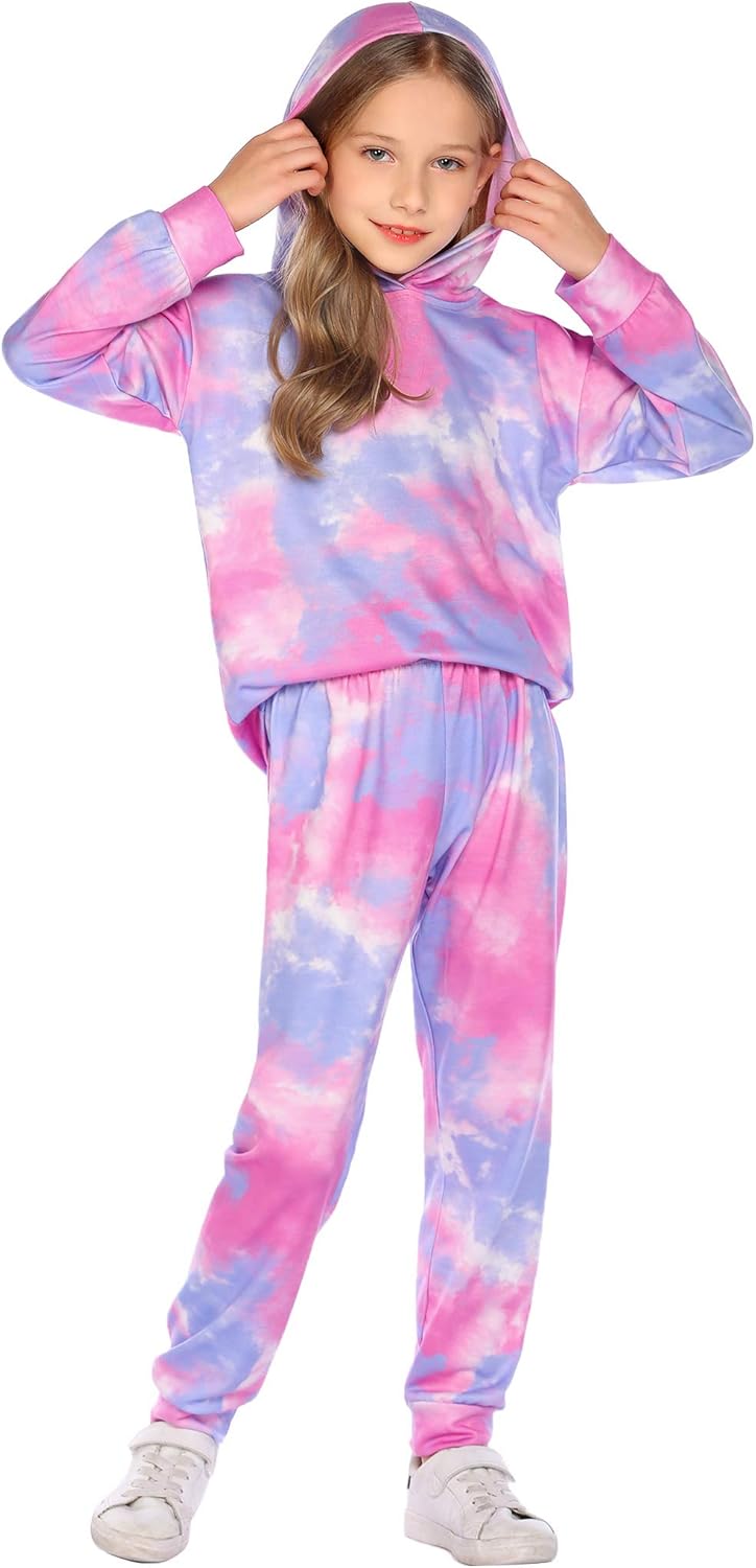 Girls 2 Piece Tie-dye Pullover Hooded Sweatshirt Set for Fall