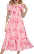 Girls Floral Tiered Midi Dress Smocked Bodice Flutter Sleeve - Stylish