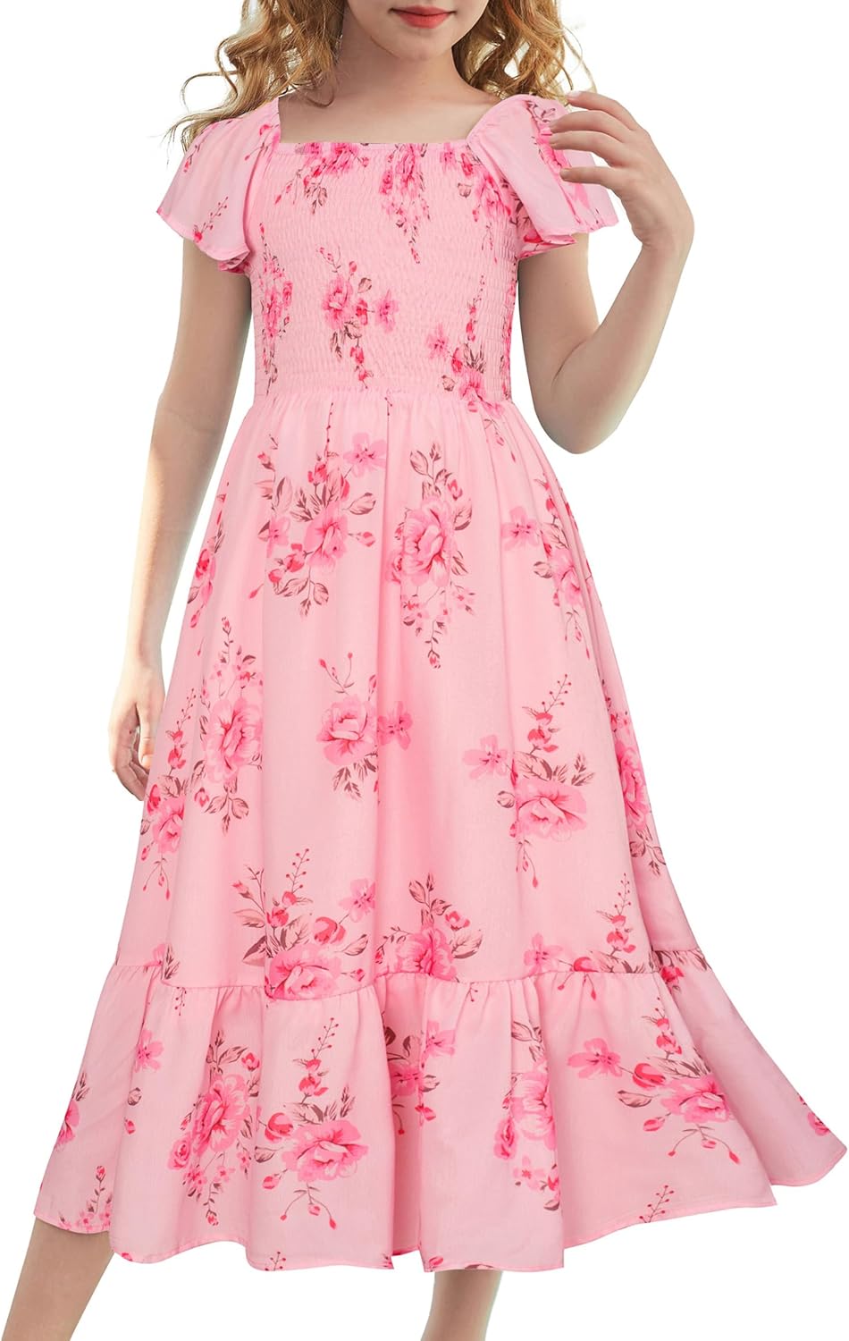 Floral Dress for Girls with Flutter Sleeves and Tiered Skirt