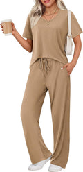 Womens Ribbed Knit Lounge Set - Short Sleeve Top & Long Pants