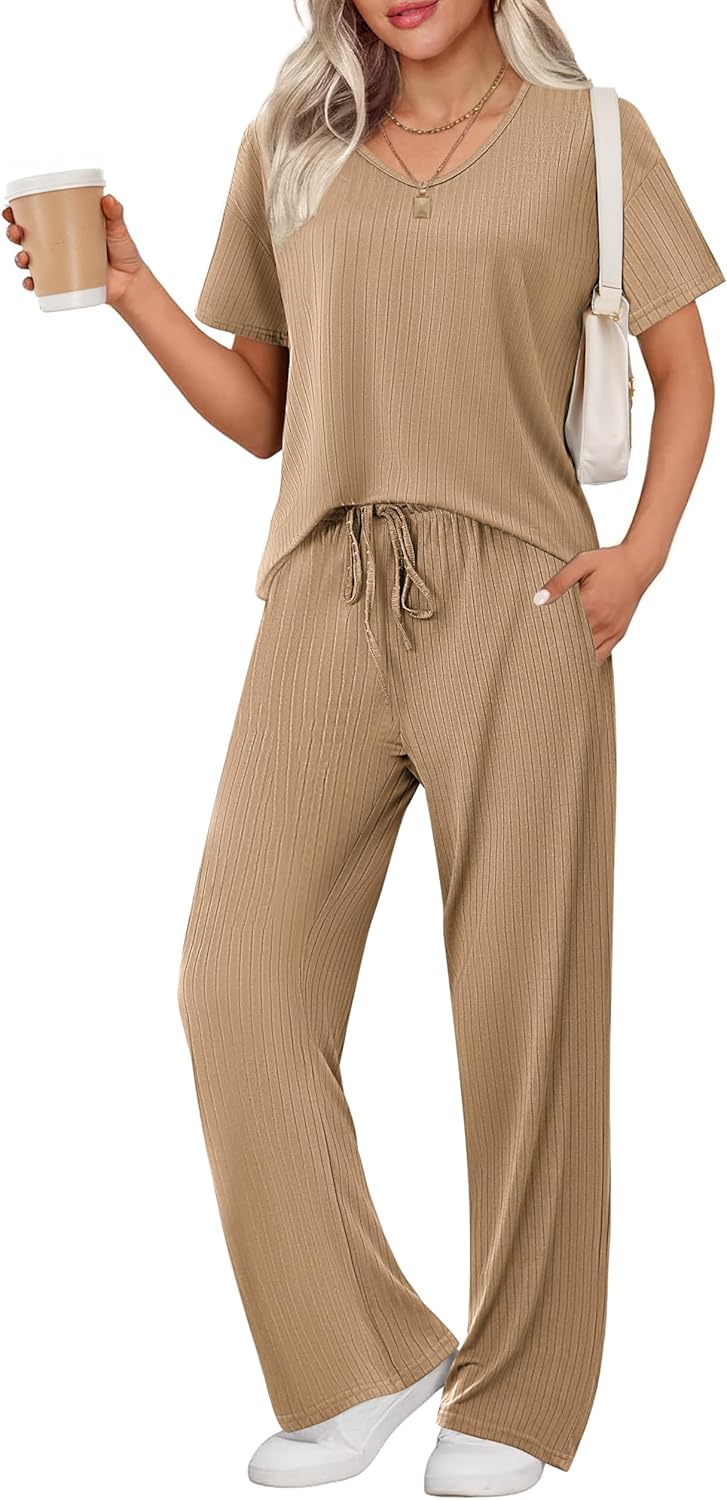 Ekouaer Womens Ribbed Knit Lounge Set for Cozy Sleepwear