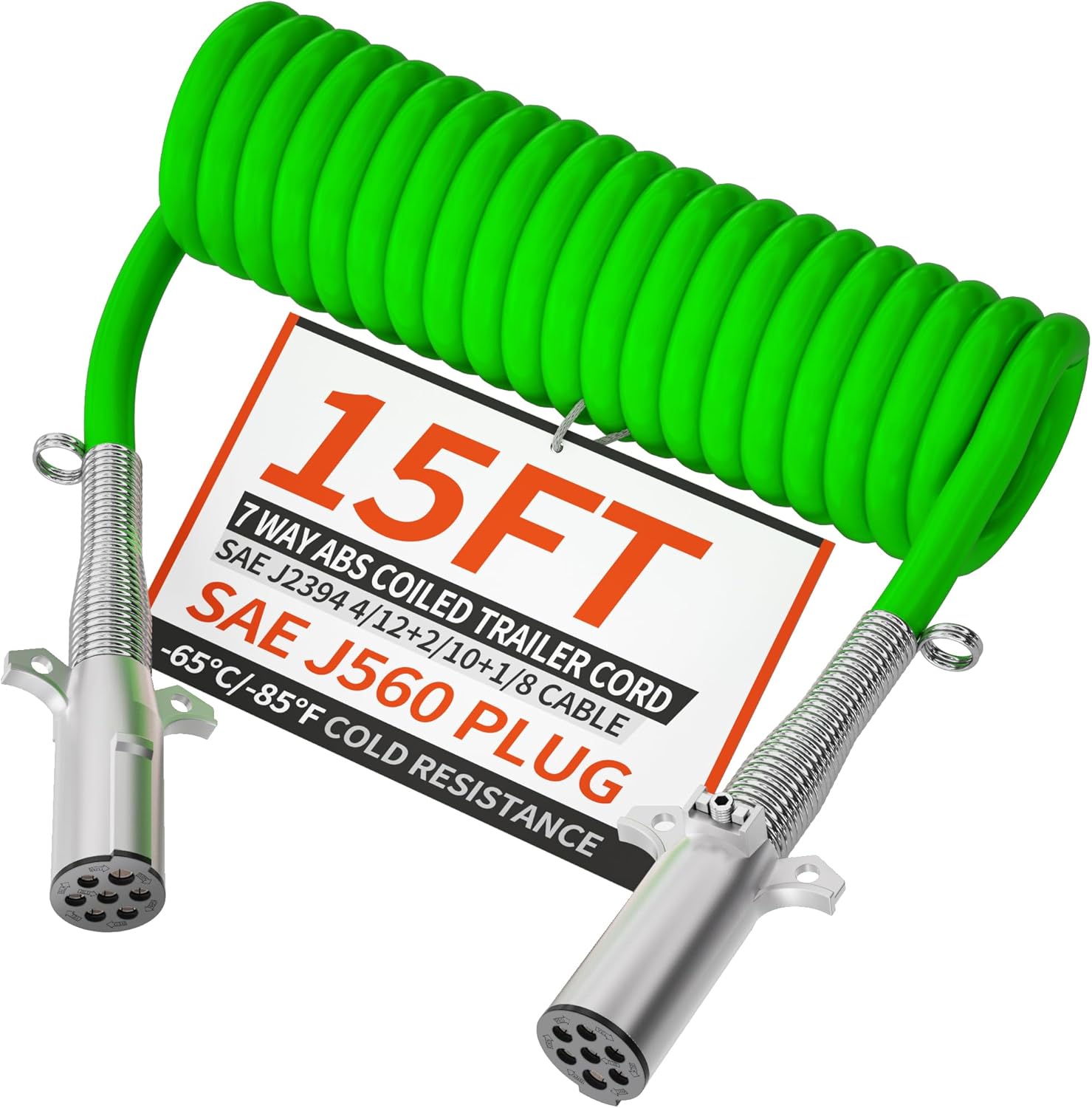 7 Way Coiled Trailer Cord 15 FT by PlugSaf for Heavy Duty Use
