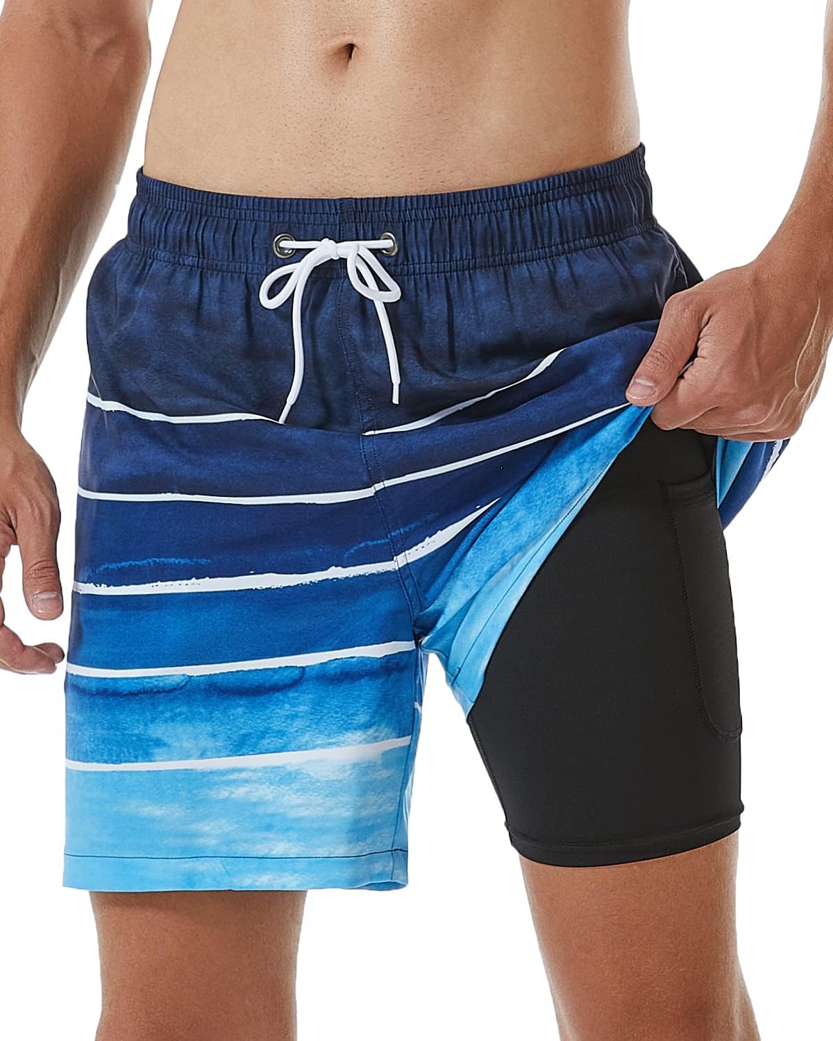 SILKWORLD Mens Swimming Trunks with Compression Liner for Comfort