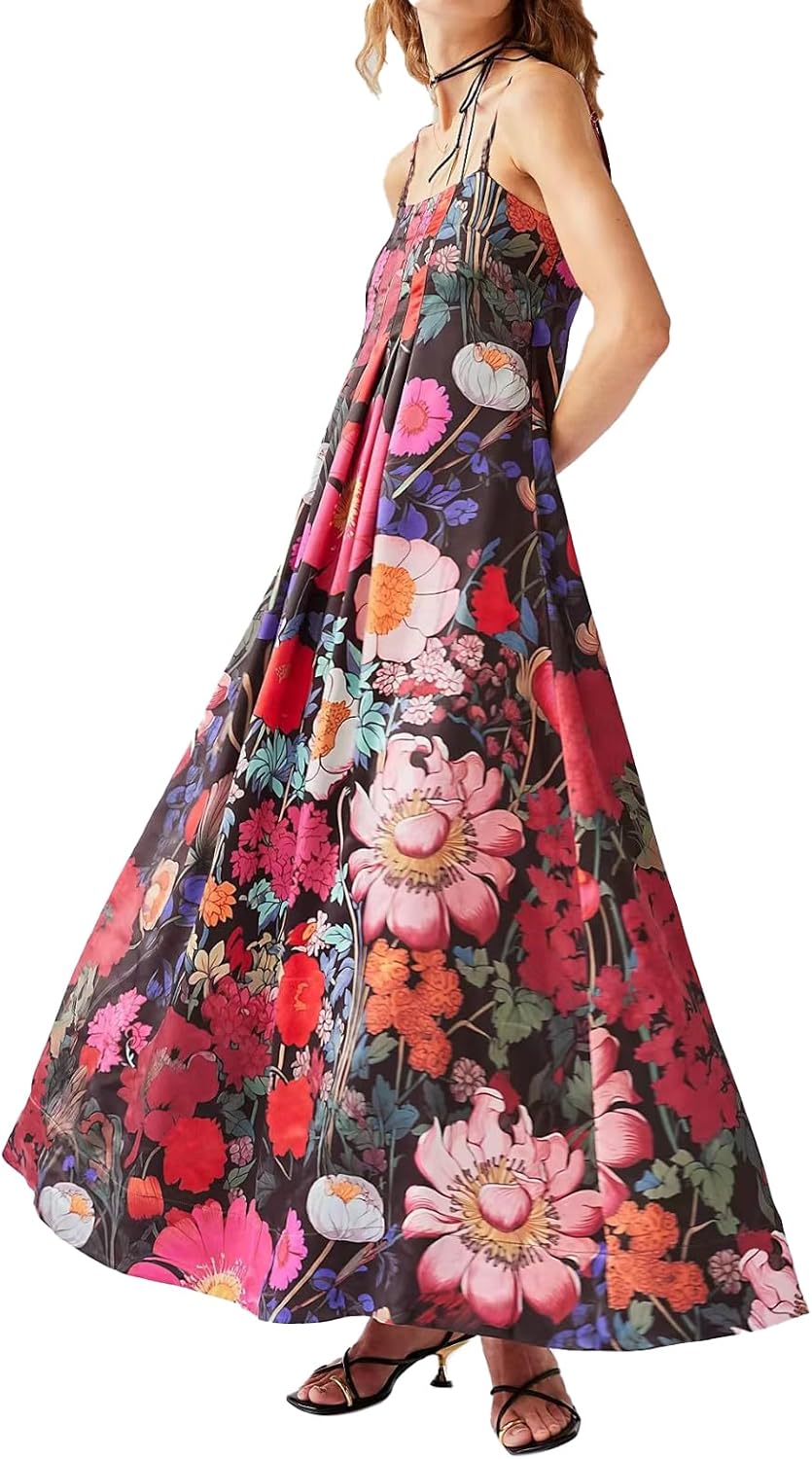 Women Boho Floral Maxi Dress Backless Spaghetti Strap A-Line
