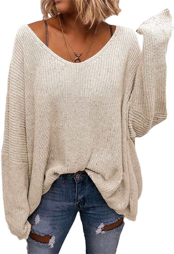 Stylish BZB Women's V Neck Long Sleeve Oversized Pullover Sweater