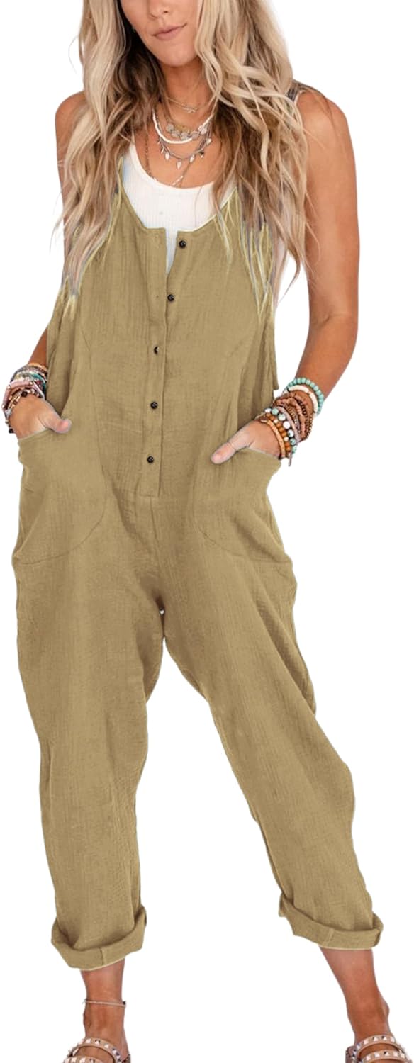 Yeokou Womens Overalls Linen Cotton Jumpsuits for Summer Style