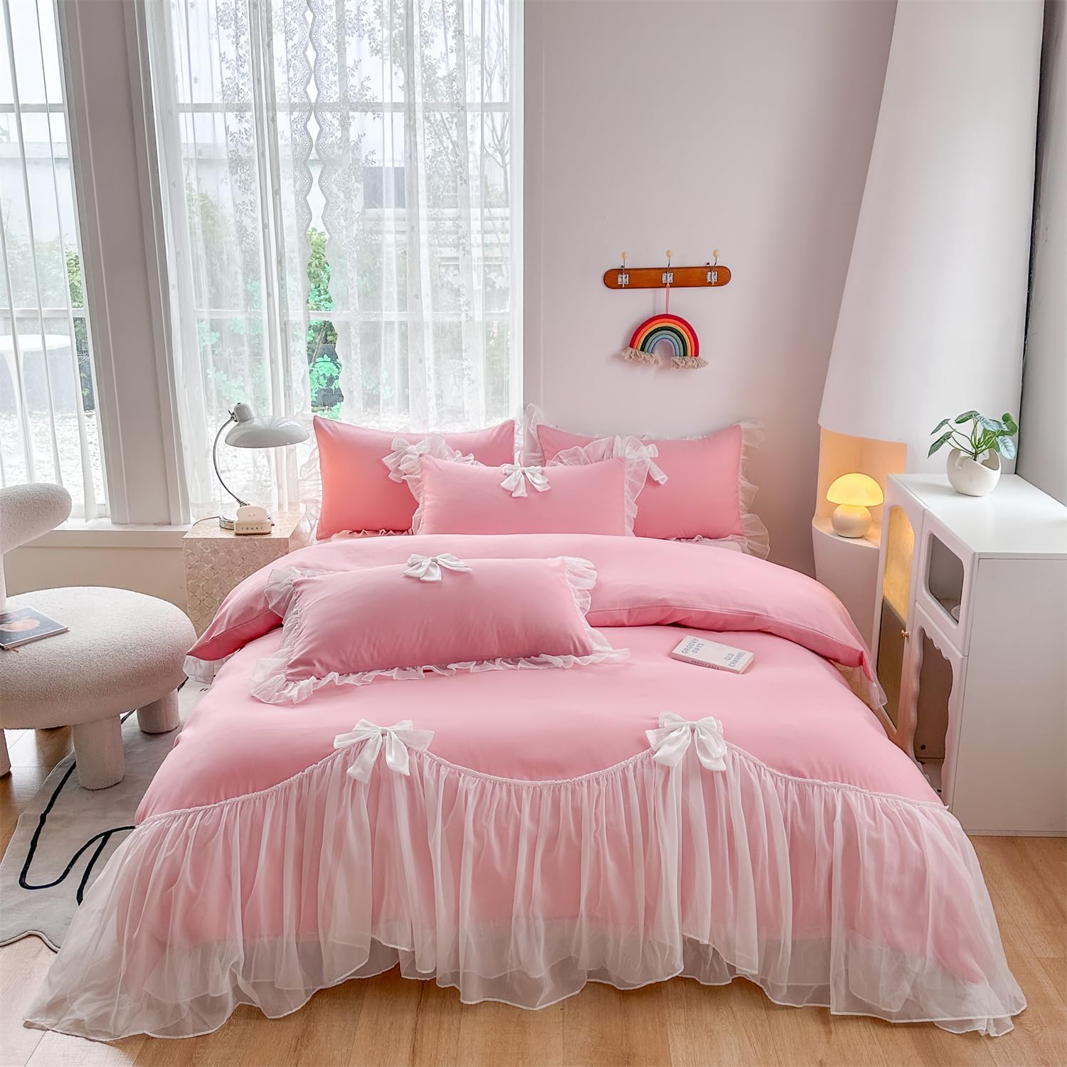 Girls Lace Bedding Full Comforter Cover Set Chic Ruffled Design