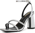 RIBONGZ Sparkly Silver Block Heels - Elegant 3.5in Strappy Sandals