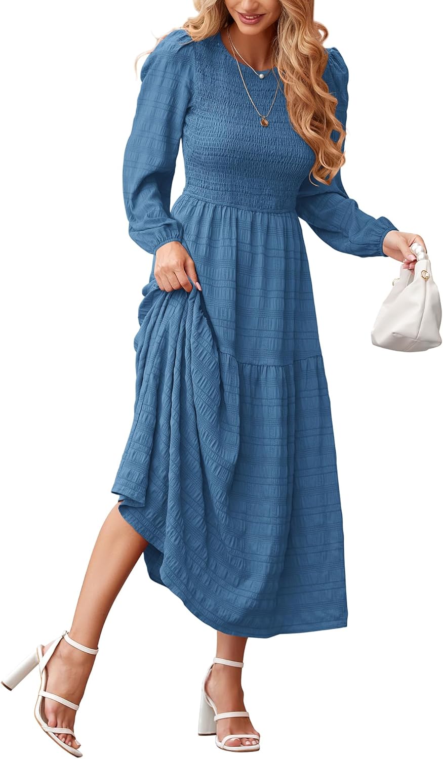 Dowerme Women's Puff Long Sleeve A-Line Maxi Dress for Fall