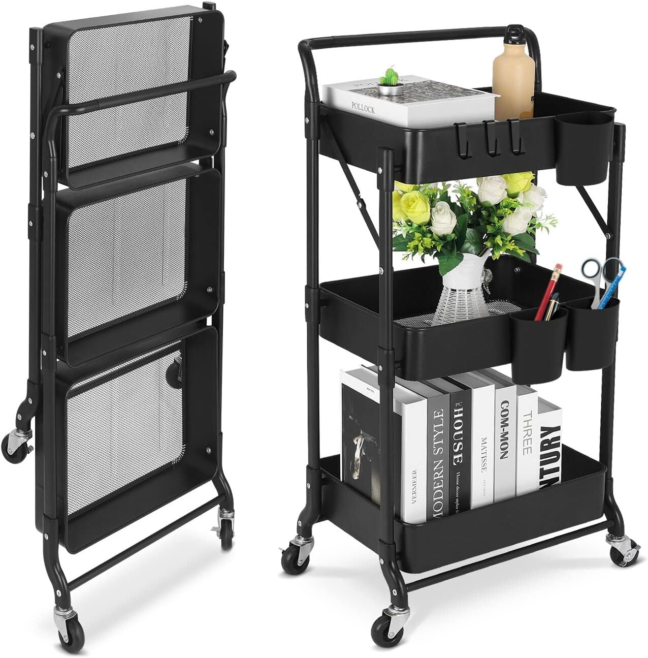 Foldable 3 Tier Metal Utility Rolling Cart for Home and Office