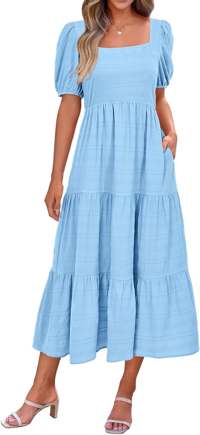 PRETTYGARDEN Women's Summer Dresses 2025 Puff Sleeve Midi Dress