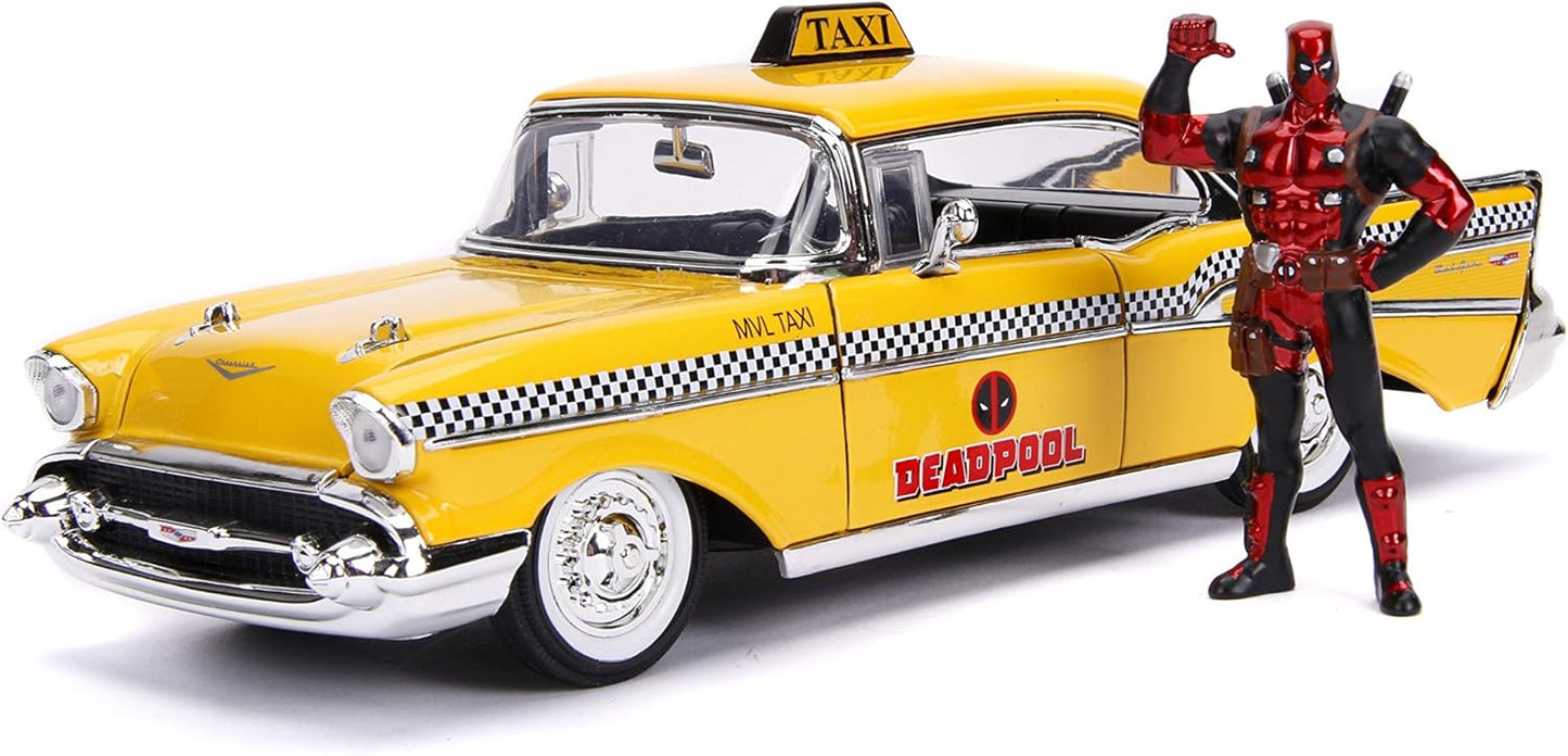 Deadpool Figure Included! Jada 1957 Chevy Bel Air Taxi Die-cast 1/24 Model Car
