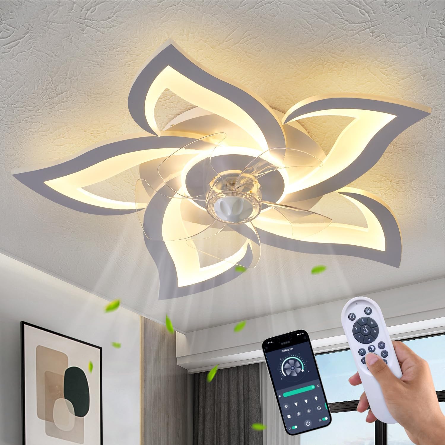 Flush Mount Ceiling Fan with Lights, Remote Control & 6 Speeds