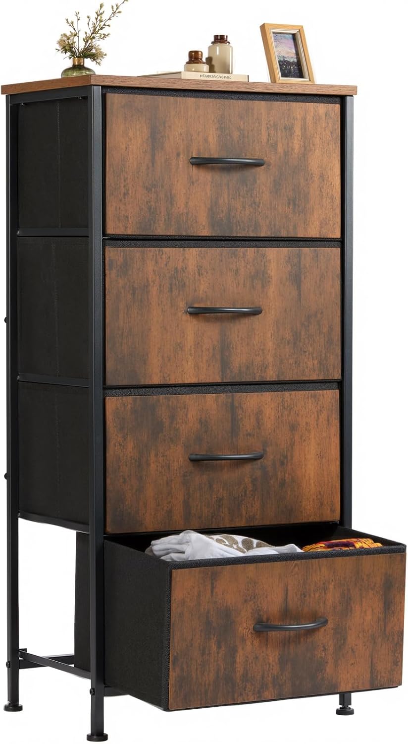 4 Drawer Dresser Organizer with Sturdy Steel Frame and Wood Top