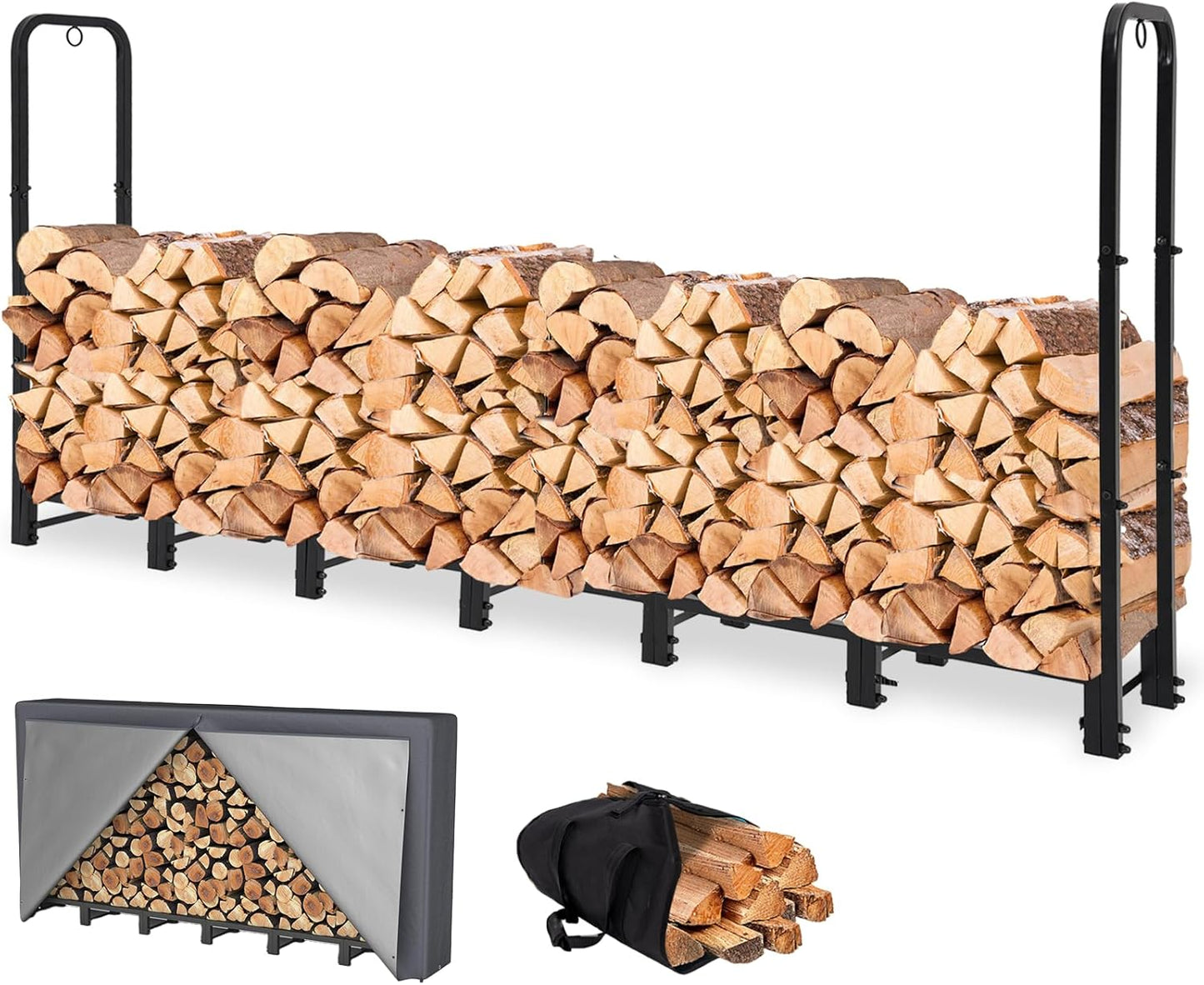 8FT Firewood Rack Outdoor with Cover for Heavy Duty Storage