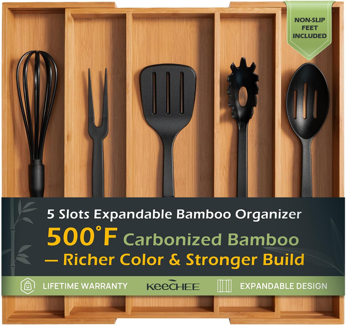 Carbonized Bamboo Kitchen Drawer Organizer for Utensils & Cutlery