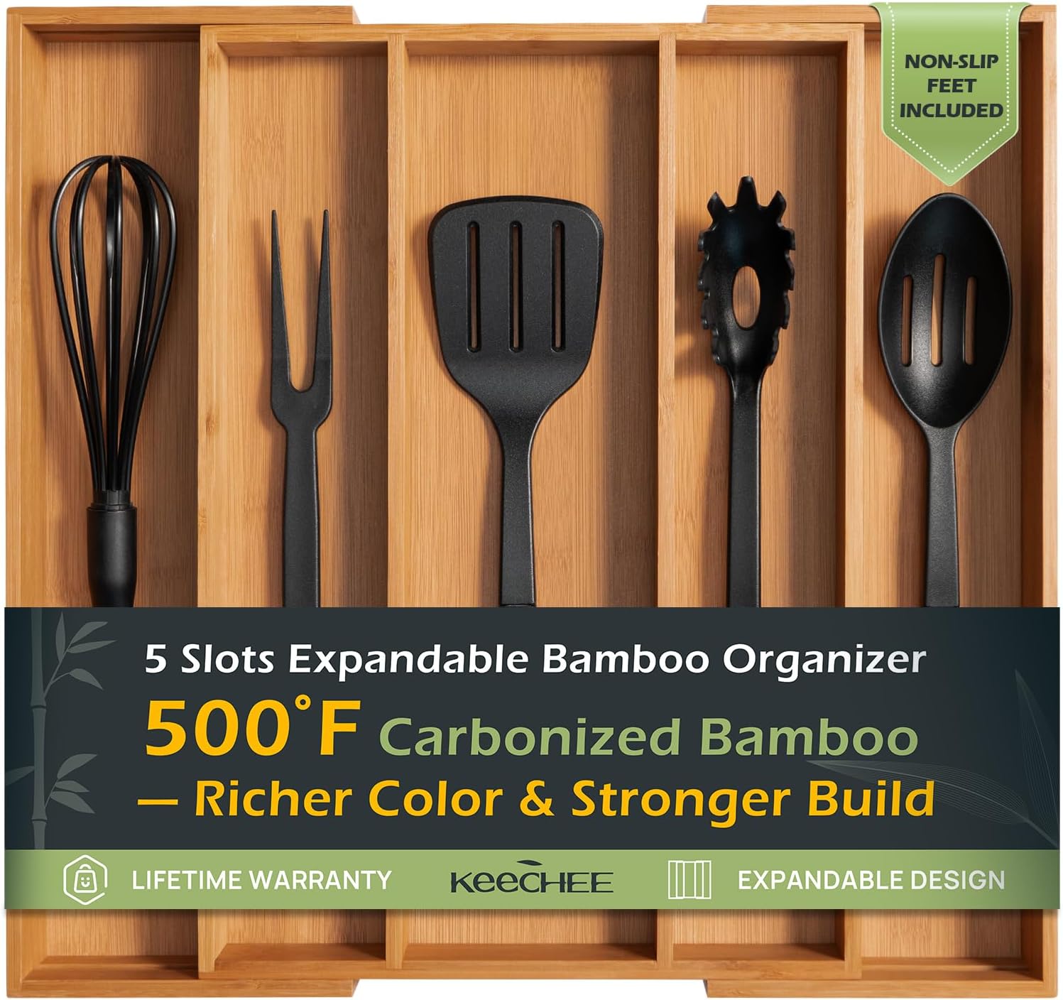 Carbonized Bamboo Kitchen Drawer Organizer for Utensils & Cutlery
