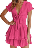 PRETTYGARDEN Women Summer Mini Short Dress - Flowy Tiered V Neck Tips