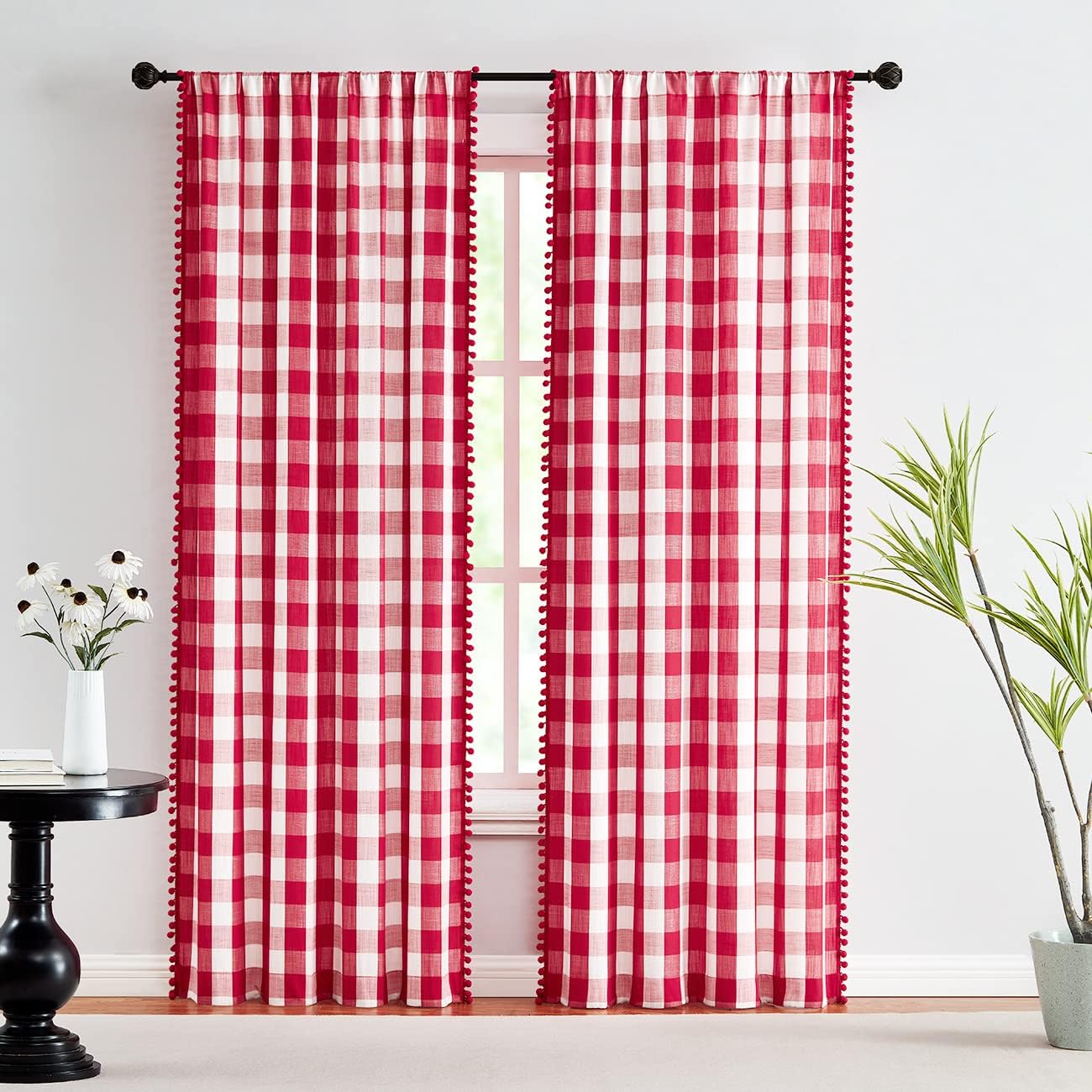 Buffalo Check Curtains with Pom-Poms for Living Room Decor