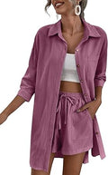 Womens Cotton Linen 2 Piece Tracksuit Set - High Low Shirt & Shorts
