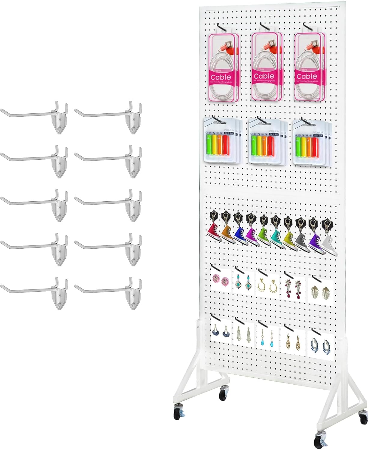 Metal Pegboard Display Stand with T-Base and Casters for Retail