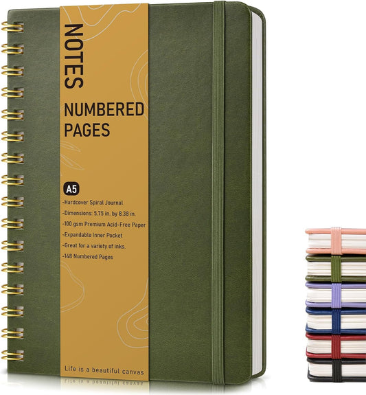 PAPEJOON Olive Green A5 Spiral Journal - 150 Numbered Pages, 100 GSM College Ruled - Ideal for Writing & Note Taking!