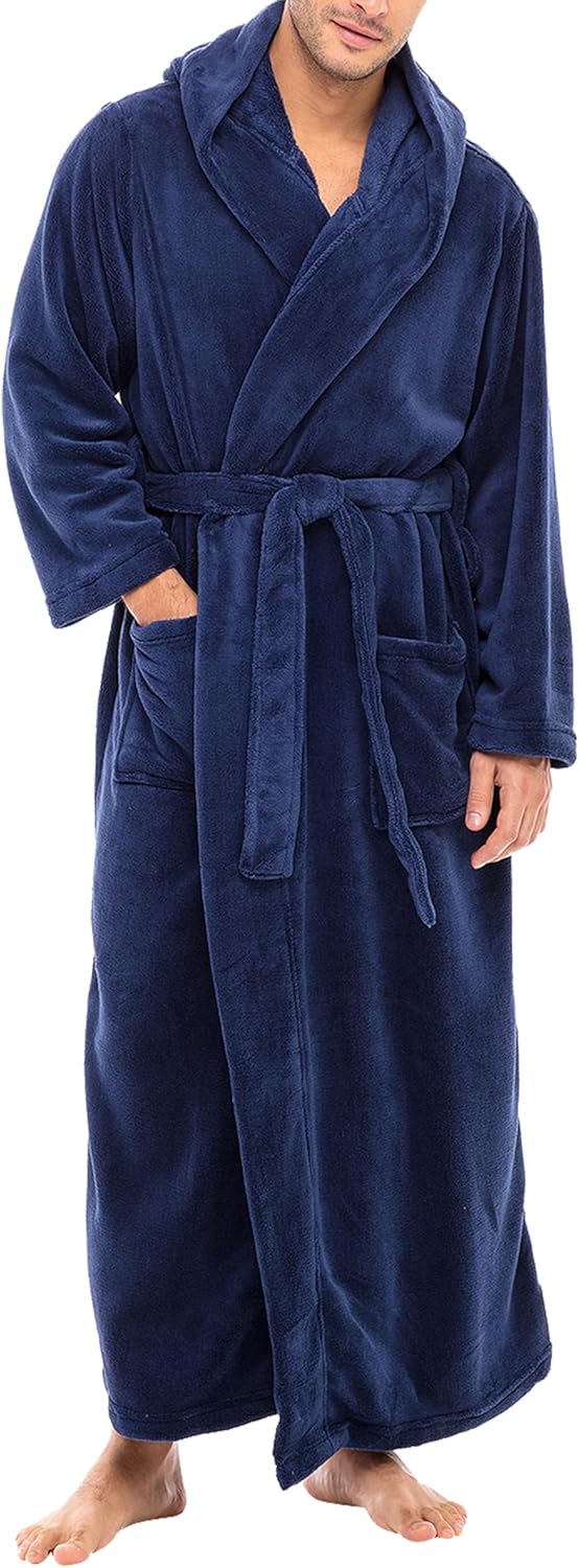 Plush Fleece Hooded Mens Bathrobe for Big and Tall Comfort