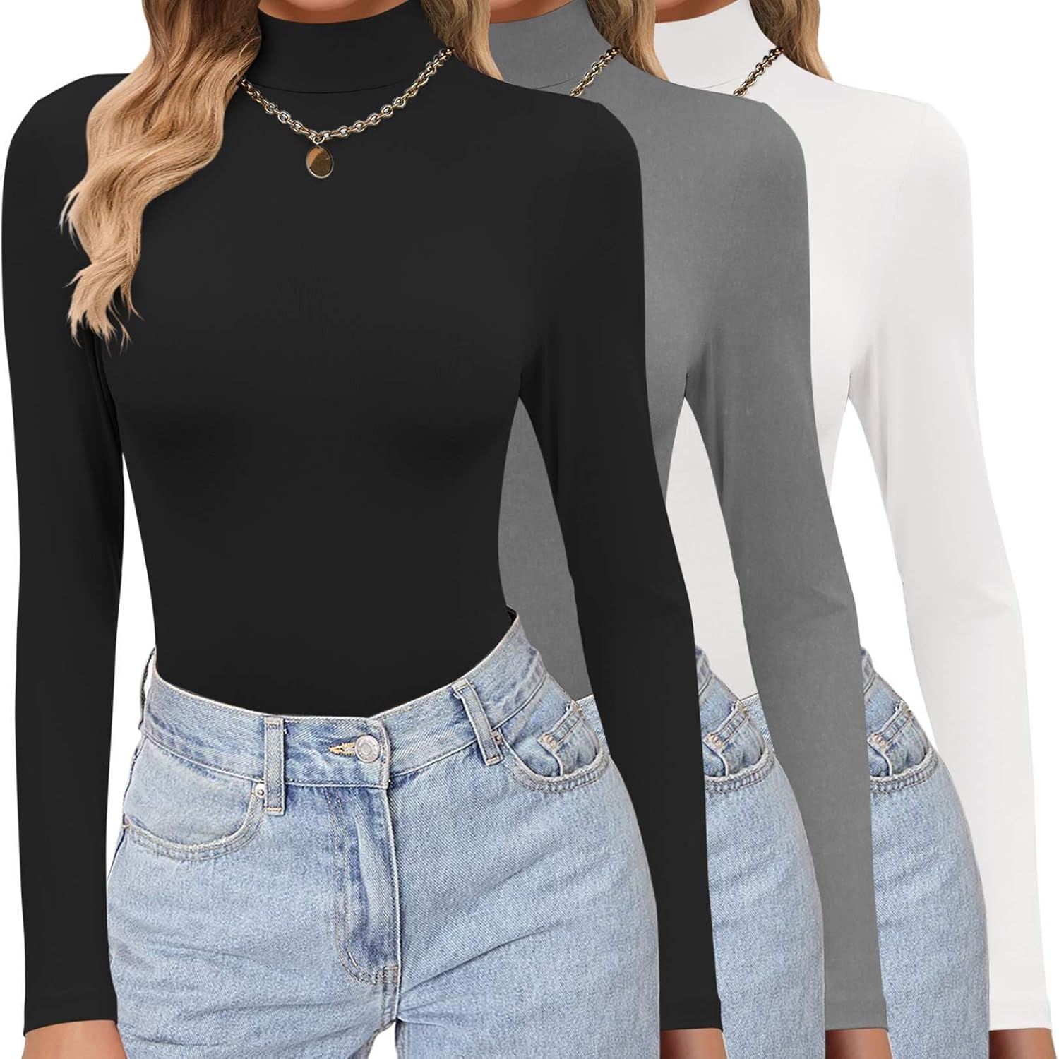 Ekouaer Women's Turtleneck Shirts 3 Pack Long Sleeve Tops
