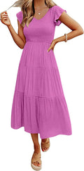 Women's Flutter Sleeve Smocked Midi Dress - Flattering V Neck