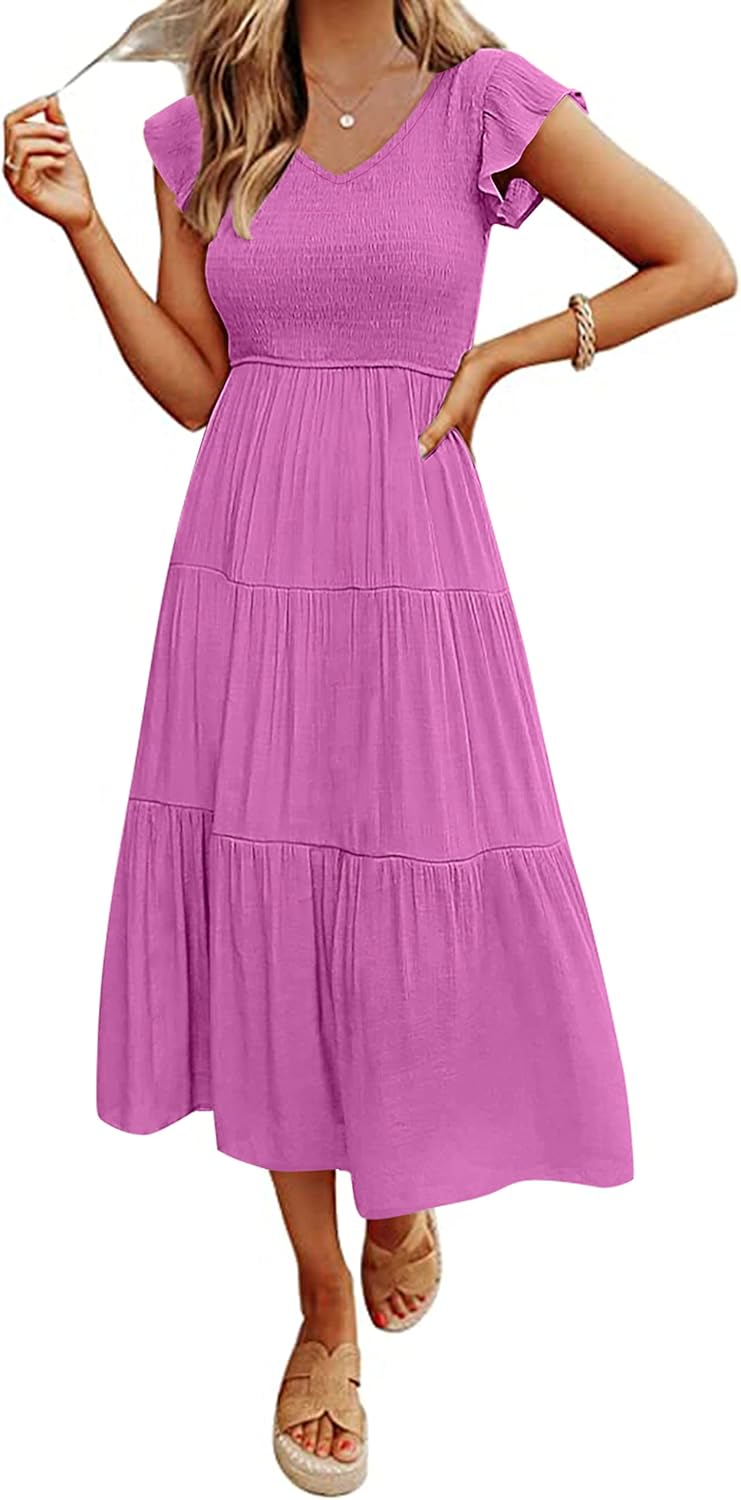 MEROKEETY Women's Flutter Sleeve Smocked Midi Dress with Pockets
