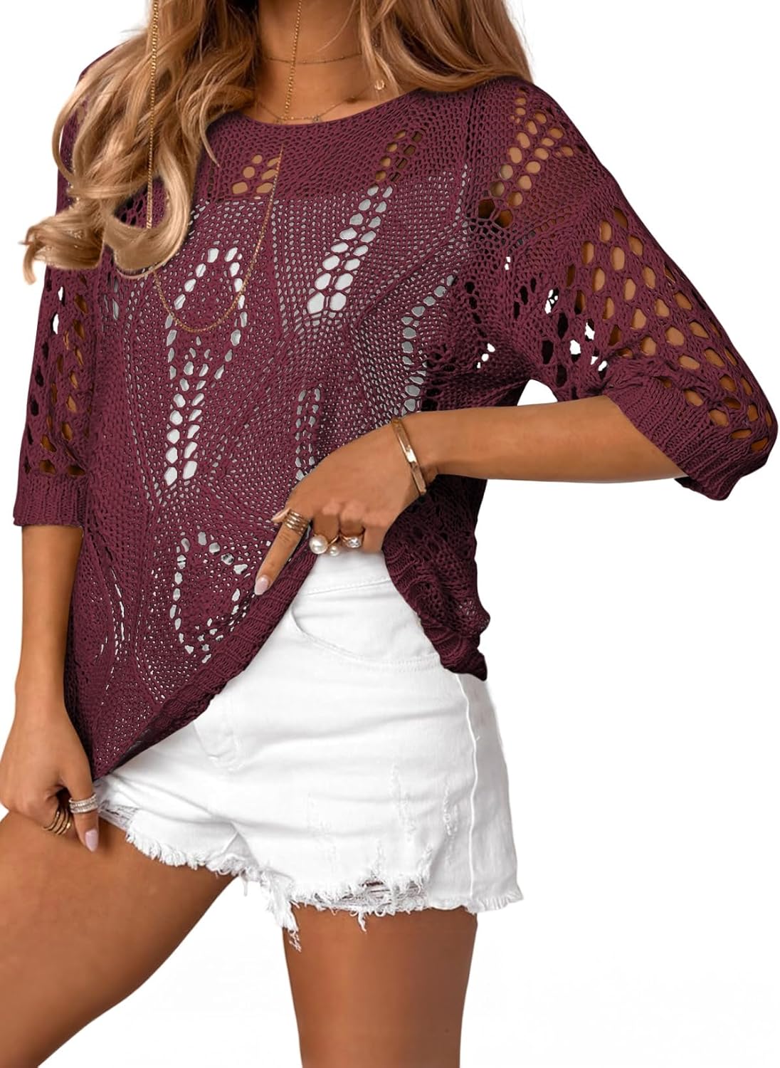 EVALESS Womens Crochet Hollow Out Knit Tops for Spring Summer