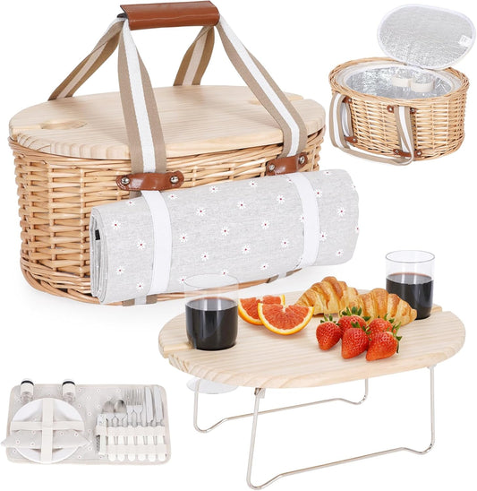 Wicker Insulated Picnic Basket Set for 2 with Blanket & Table