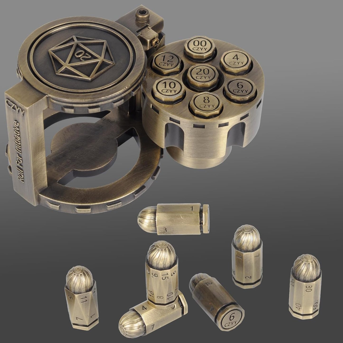 Unique Bullet Shaped Polyhedral Dice Set with Revolver Container