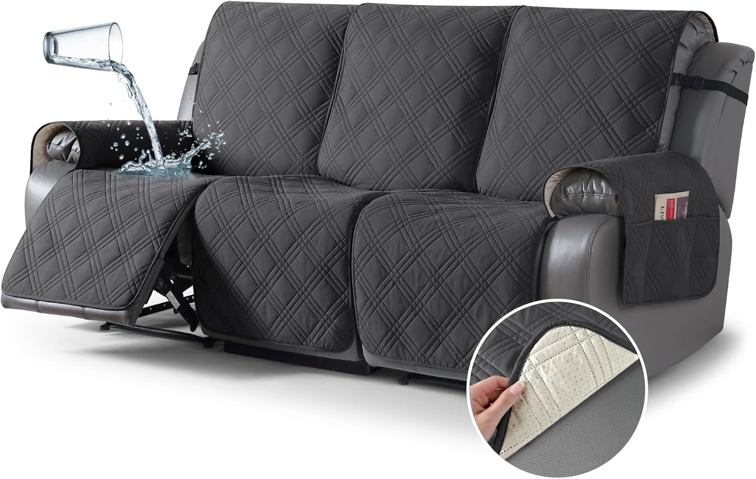 Waterproof Recliner Sofa Cover for 3 Seater Couches, Charcoal Gray