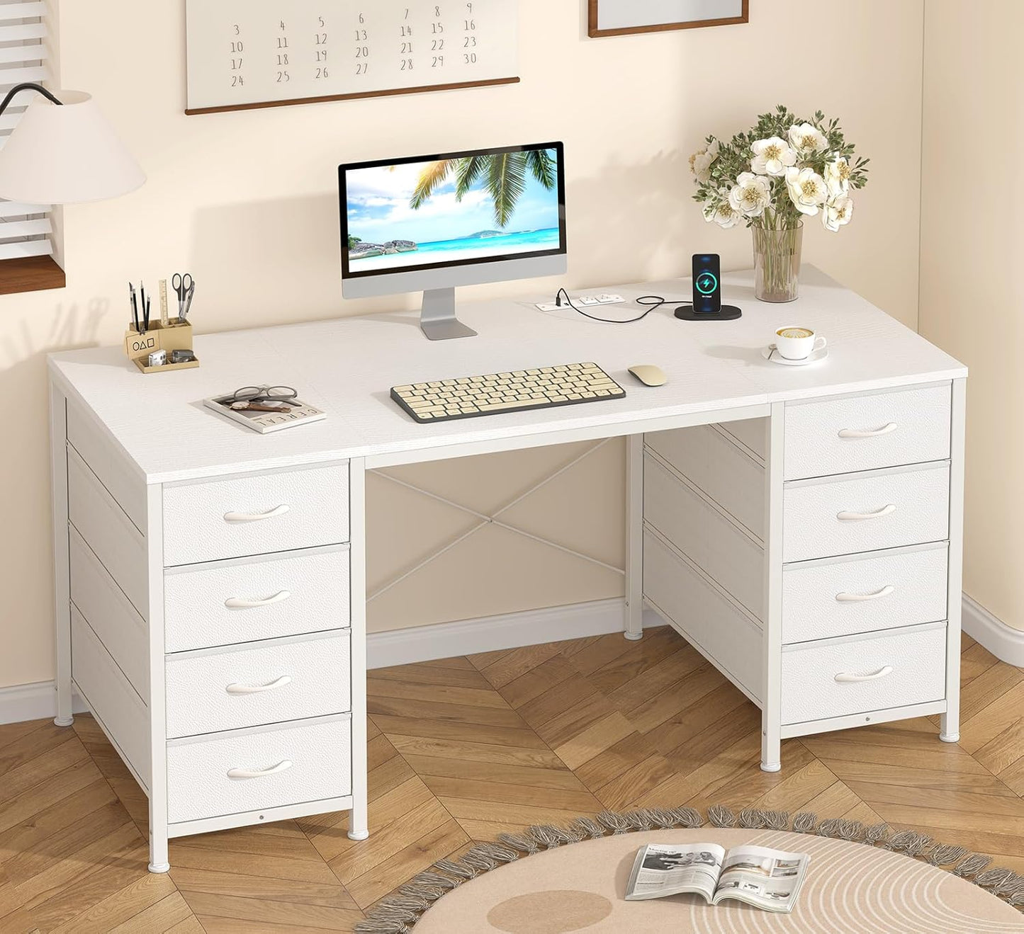 50 Inch White Computer Desk with 8 Drawers for Home Office
