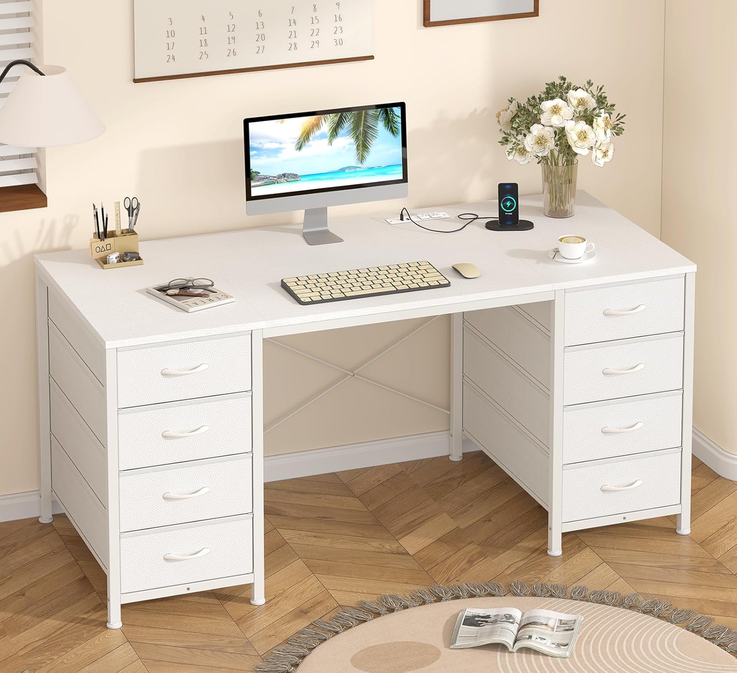 50 Inch White Computer Desk with 8 Drawers for Home Office