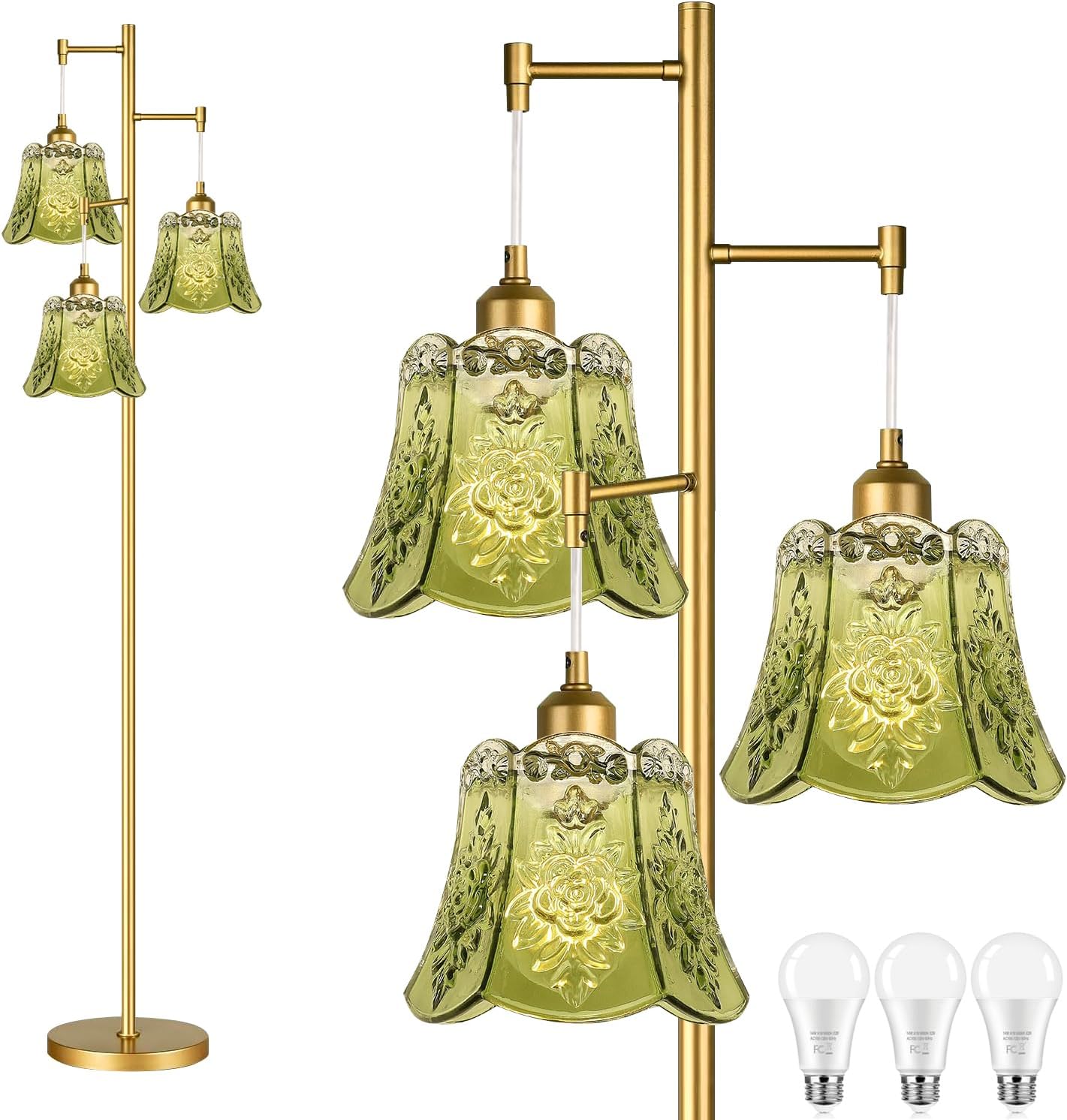 Gold Floor Lamp for Living Room with Vintage Green Shade