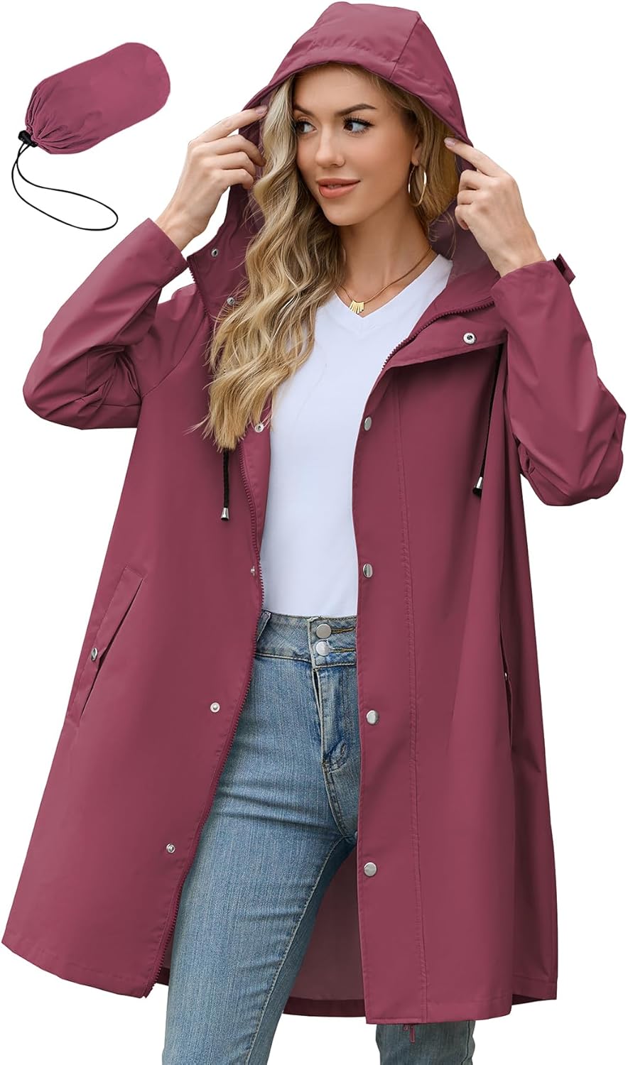 Zando Long Packable Rain Jacket for Women - Waterproof Windbreaker