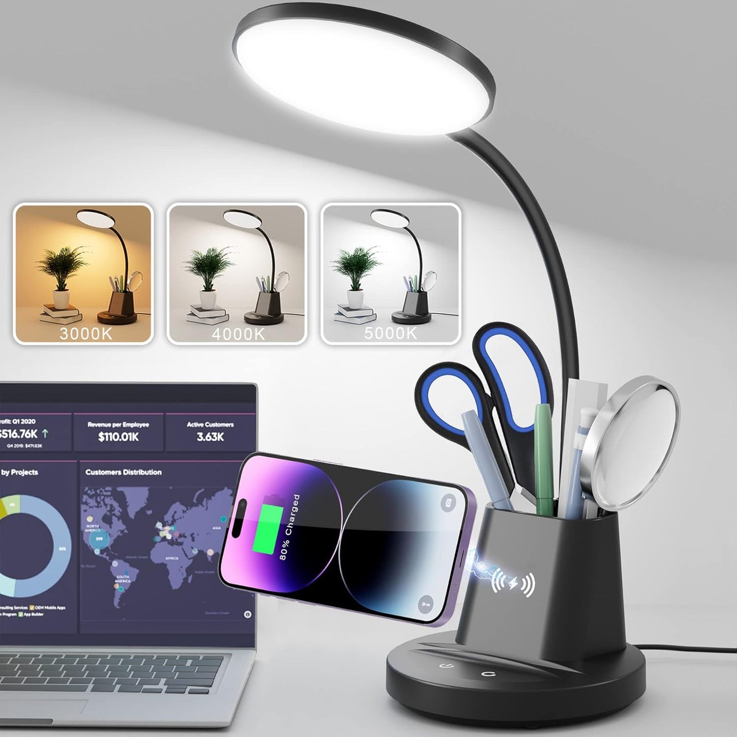 Sailstar Desk Lamp: Wireless Charger & Pen Holder!