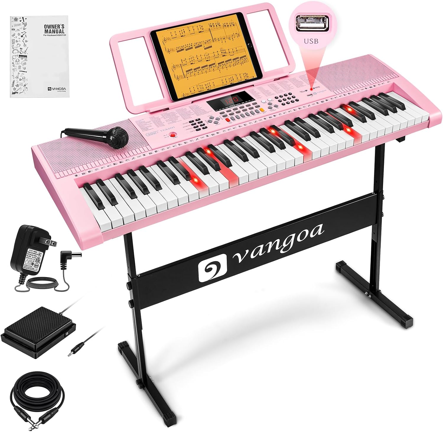 Vangoa Pink Piano Keyboard 61 Key - 600 Tones, 400 Rhythms, 50 Demos - Perfect Gift for Beginners!