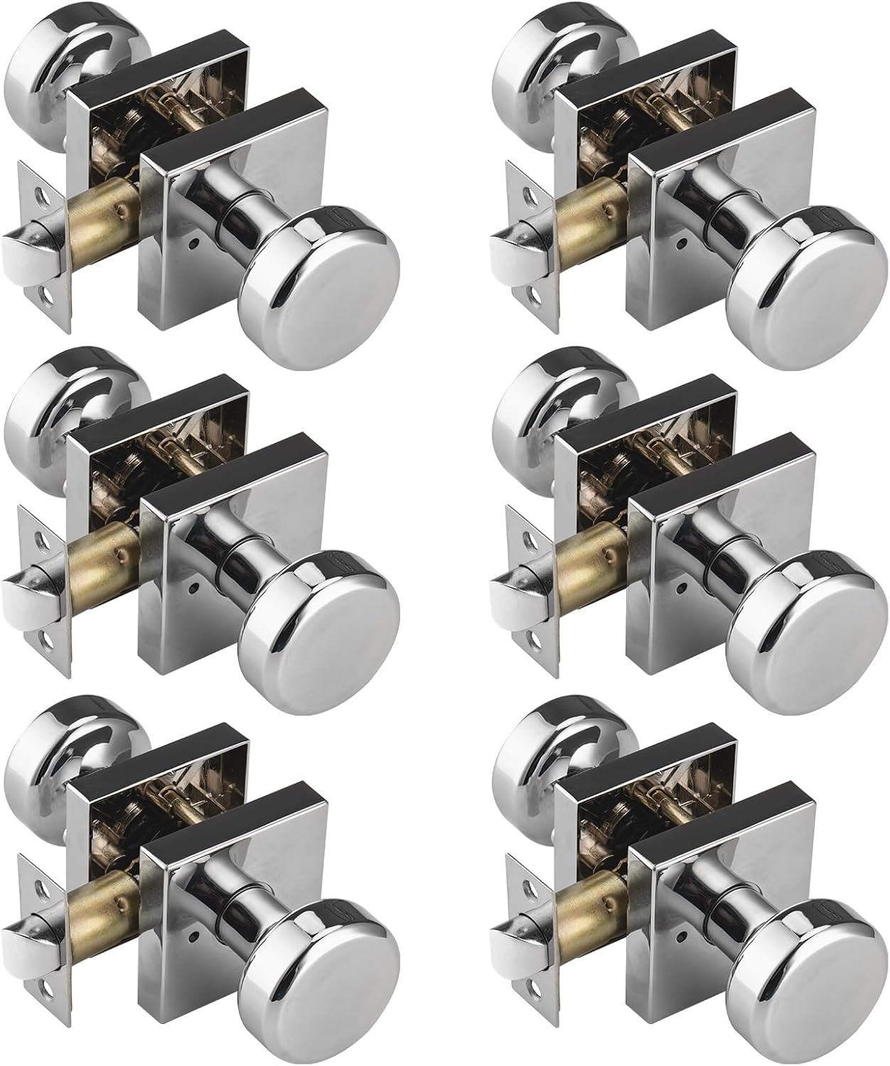6 Pack Polished Chrome Door Knobs with Square Rosette for Interiors