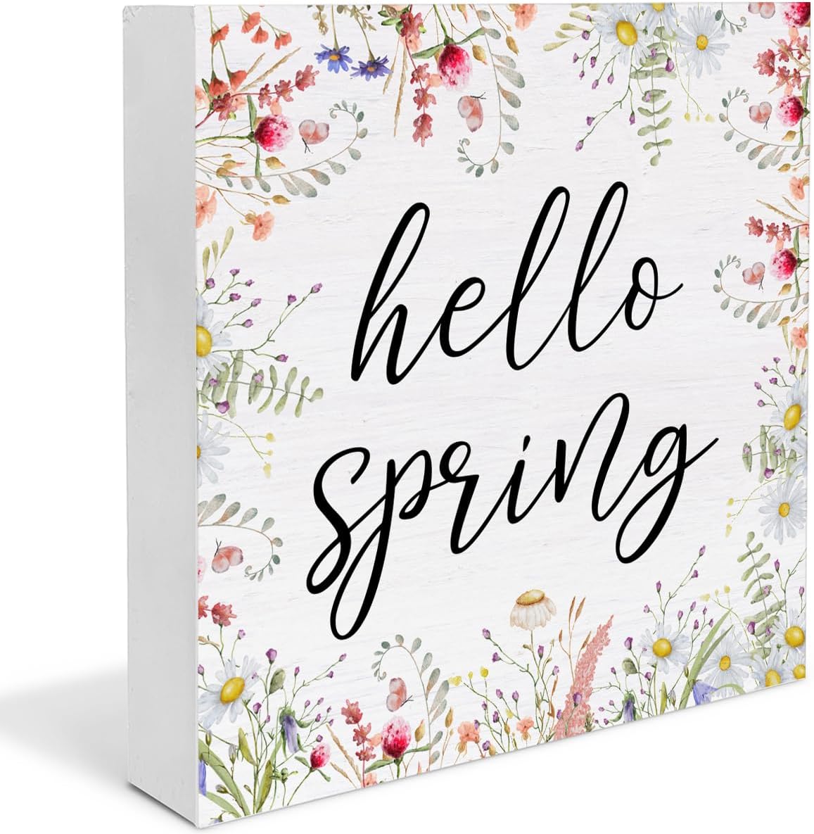 Hello Spring Wooden Block Sign - Rustic Farmhouse Decor 5x5
