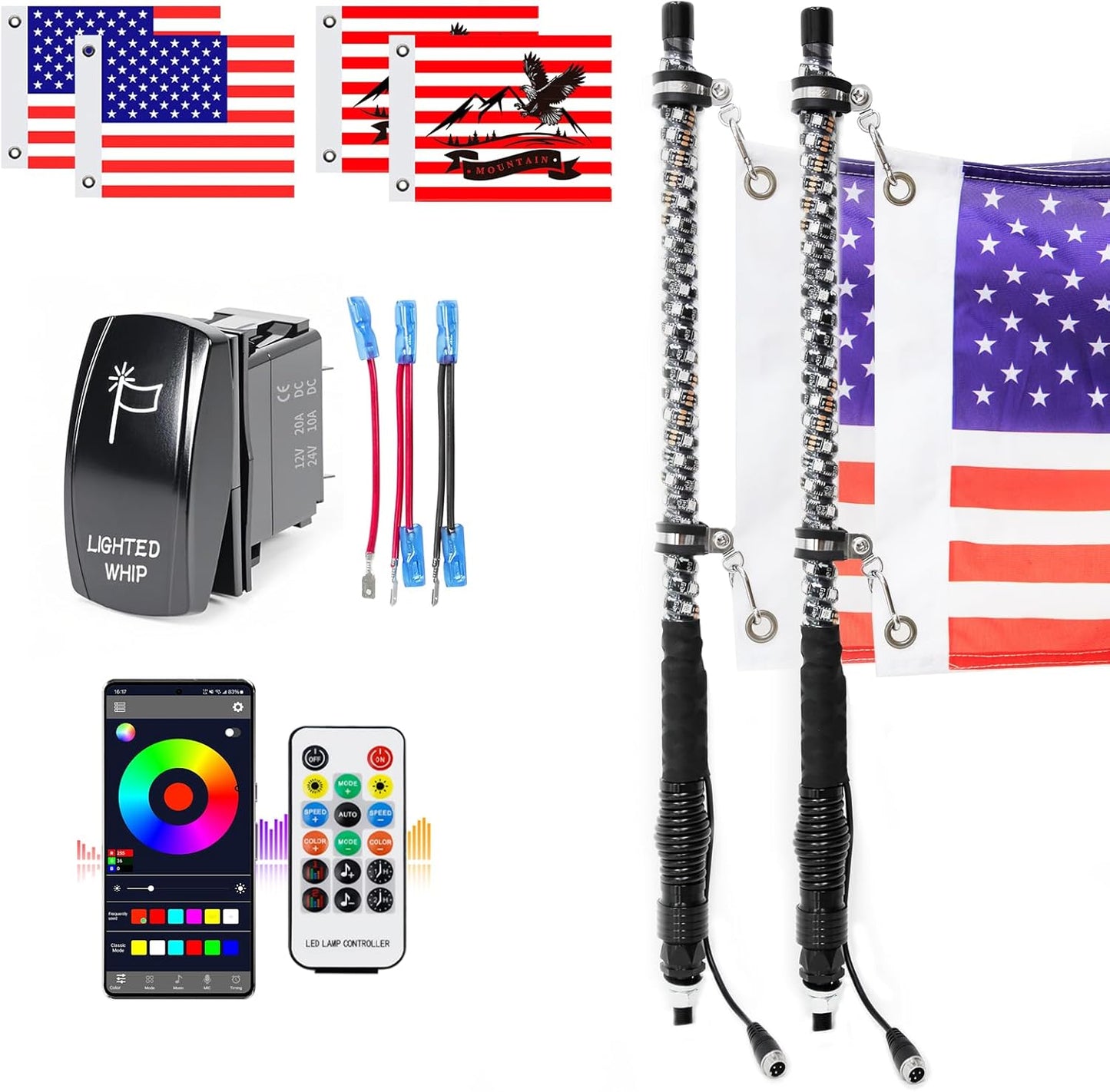 2FT LED Whip Lights with RGB Chasing Lights for Offroad Use