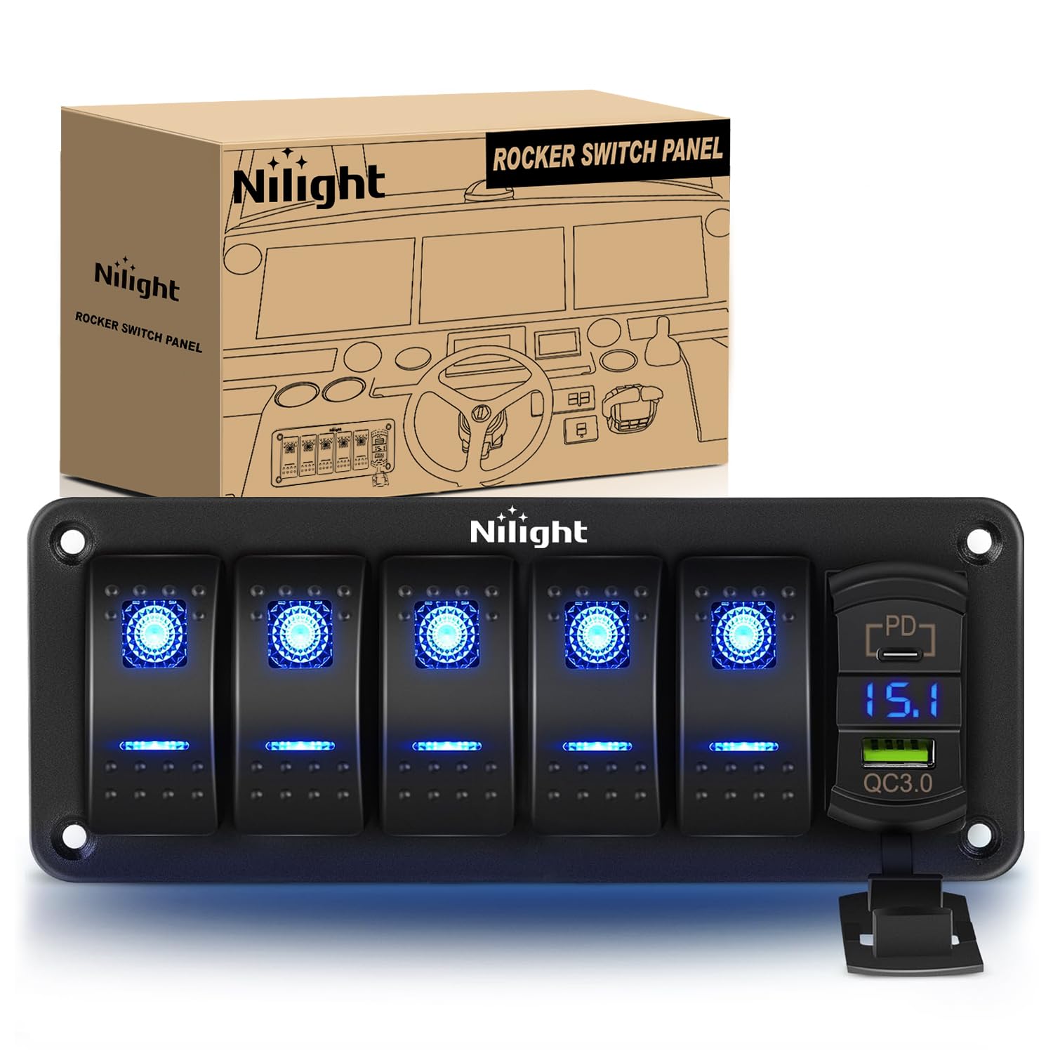 Nilight 5 Gang Rocker Switch Panel with USB Charger and Voltmeter