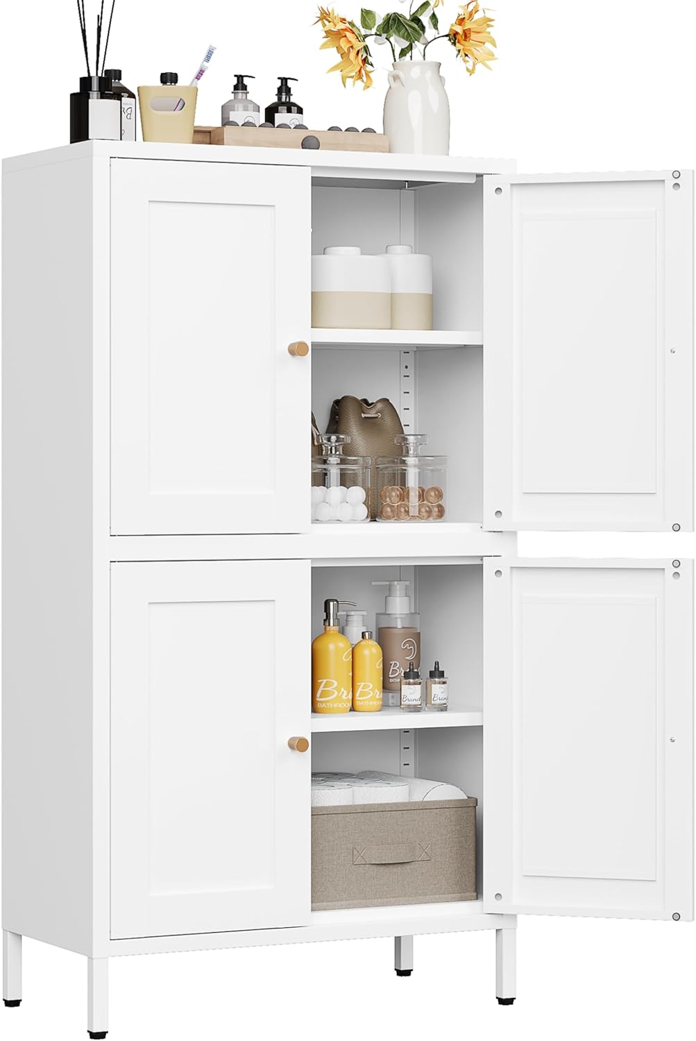 White Storage Cabinet with 4 Doors and Adjustable Shelves